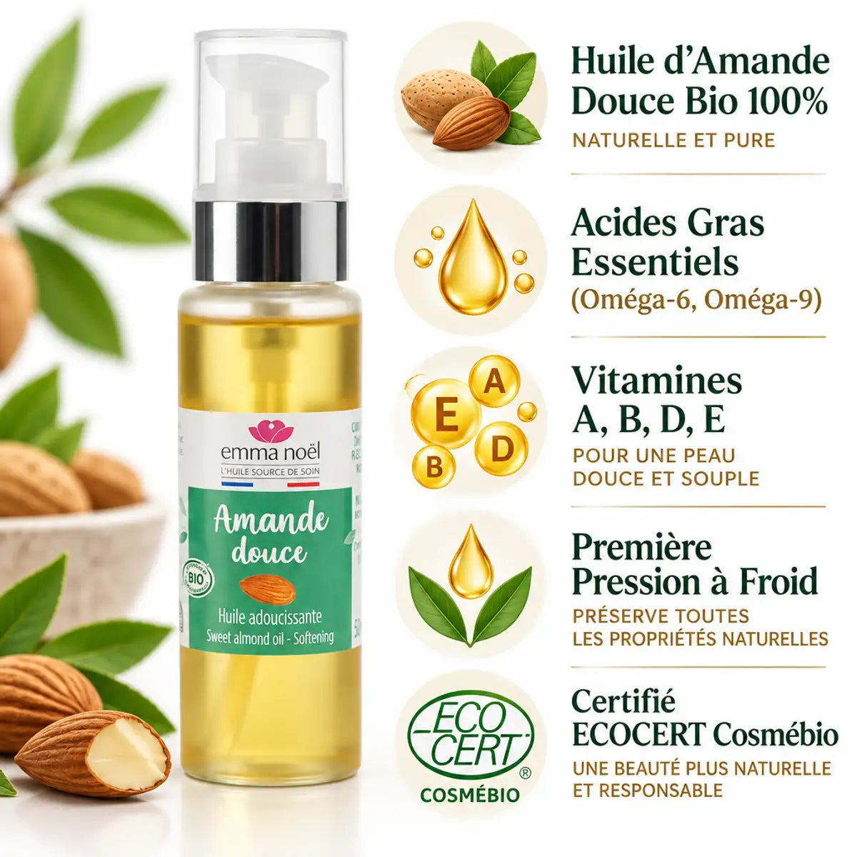 Bouteille Huile d'Amande Douce Bio Emma Noël 50ml avec infographie des bénéfices et certifications ECOCERT