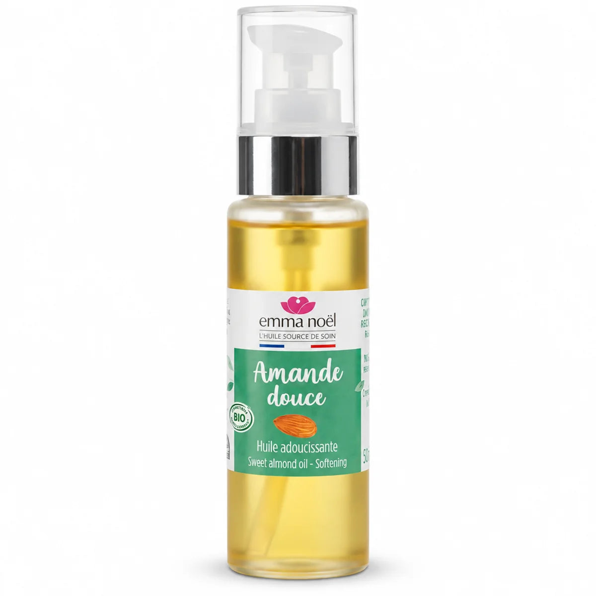 Huile d'Amande Douce Bio Emma Noël 50ml flacon pompe doré sur fond blanc