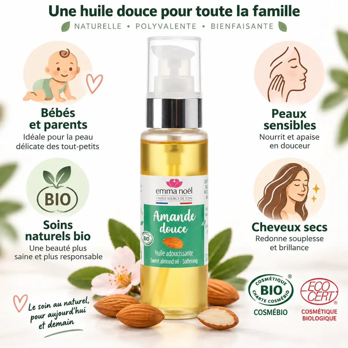 Huile d'amande douce bio Emma Noël 50ml avec certifications pour bébés et peaux sensibles