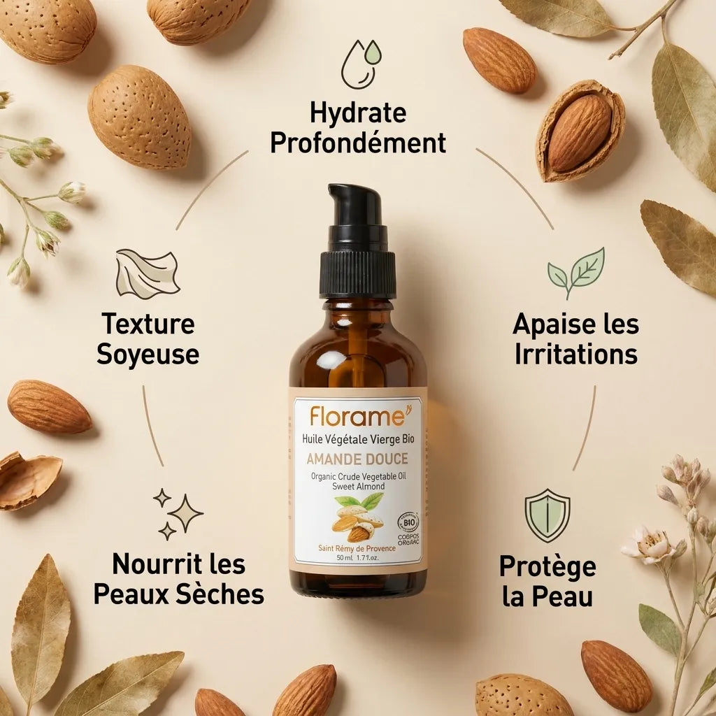 Huile d'amande douce bio Florame 50ml - Flacon avec bénéfices hydratants et nourrissants