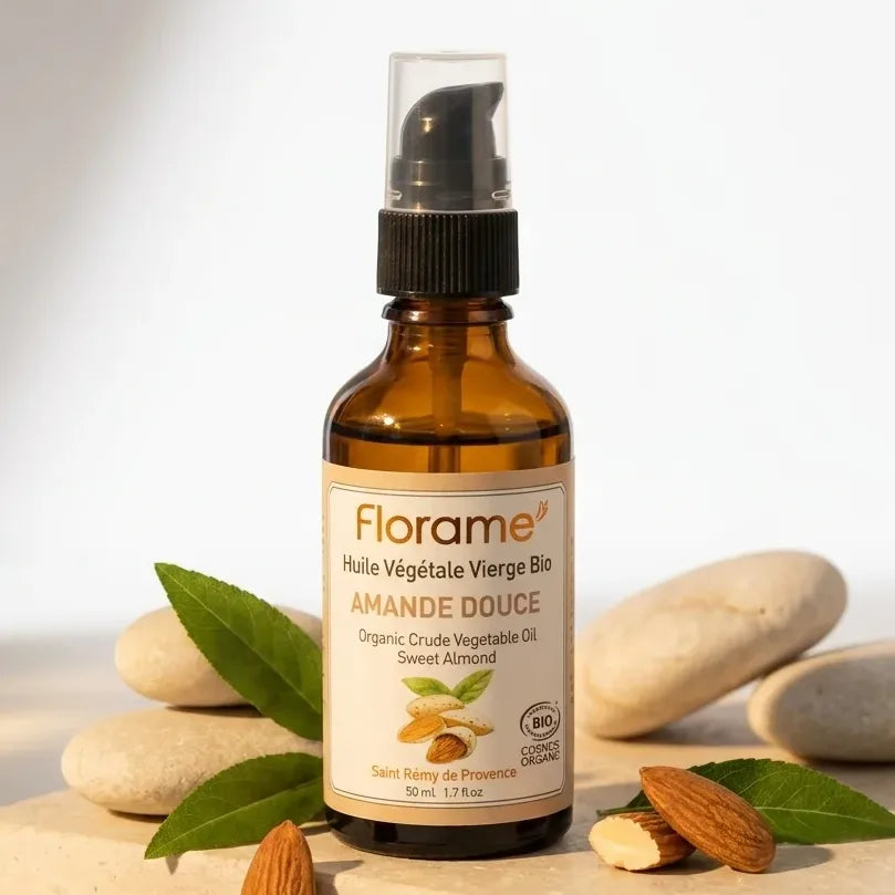Huile végétale amande douce bio Florame 50ml bouteille verre ambré avec pompe