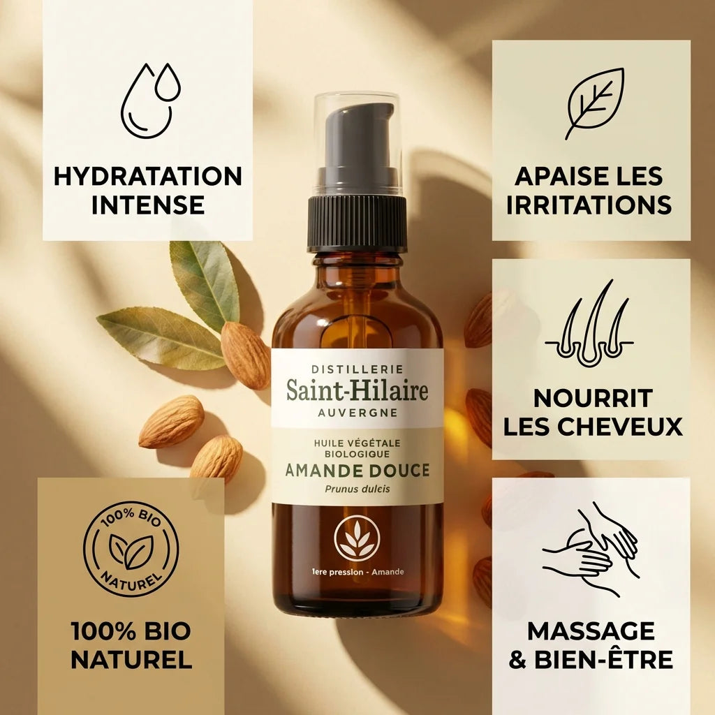 Huile d'Amande Douce Bio Saint-Hilaire 50ml avec infographie des bienfaits: hydratation, nutrition cheveux, bien-être