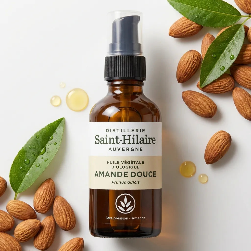 Huile d'Amande Douce Bio Saint-Hilaire 50ml entourée d'amandes brutes et feuilles vertes