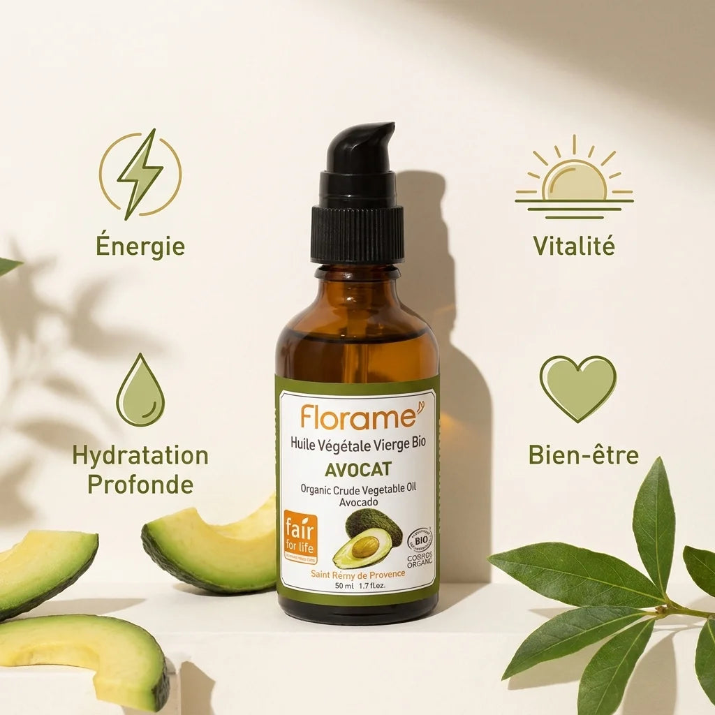 Huile d'avocat bio Florame 50ml avec bénéfices : énergie, vitalité, hydratation, bien-être