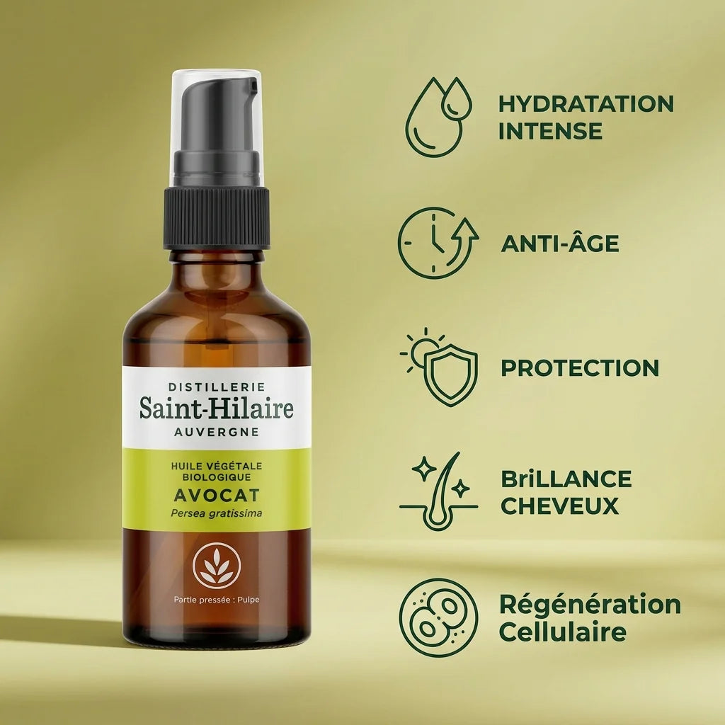Huile d'avocat bio Saint-Hilaire 50ml avec infographie des bénéfits: hydratation, anti-âge, protection