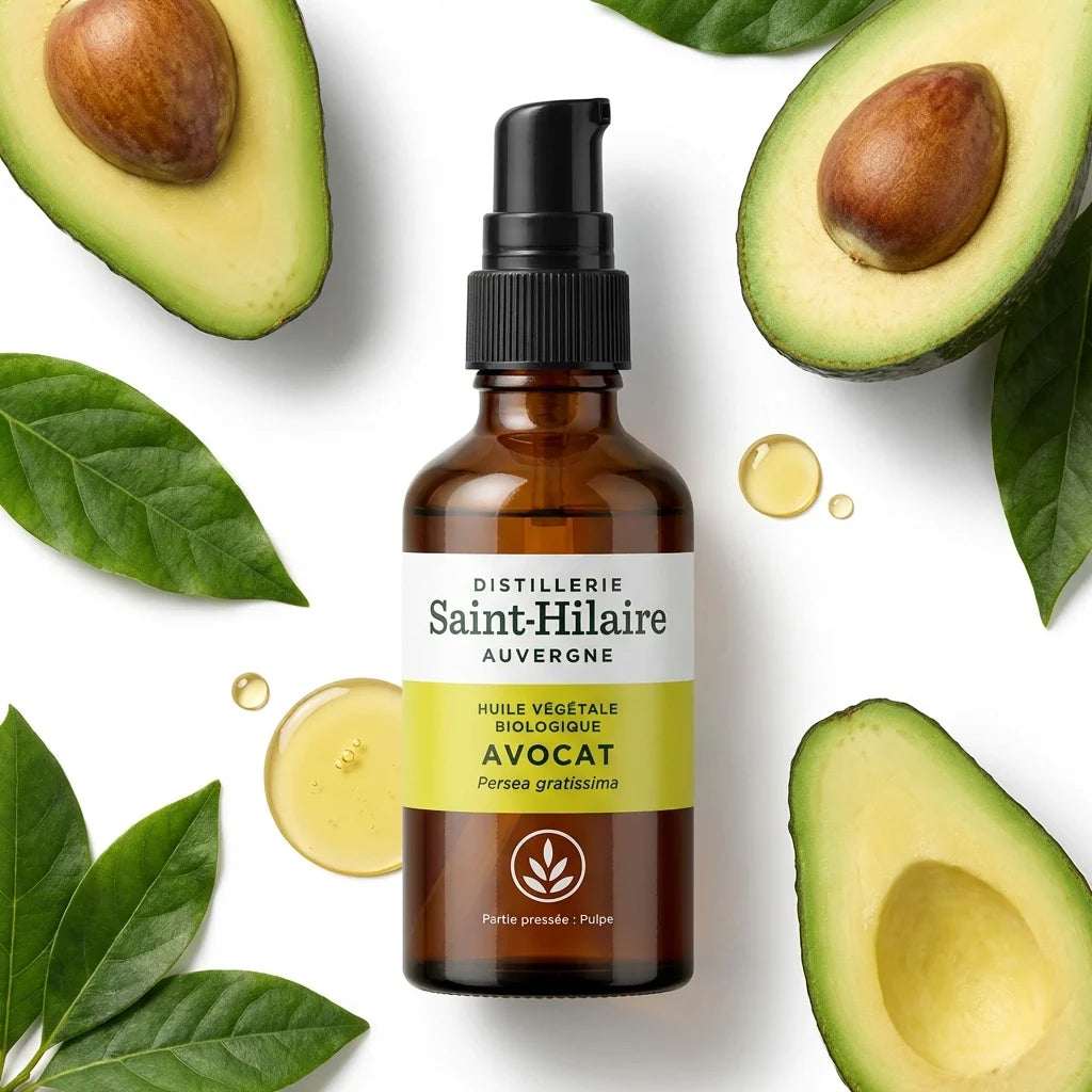 Huile végétale d'avocat bio Saint-Hilaire 50ml avec avocats frais et gouttes dorées