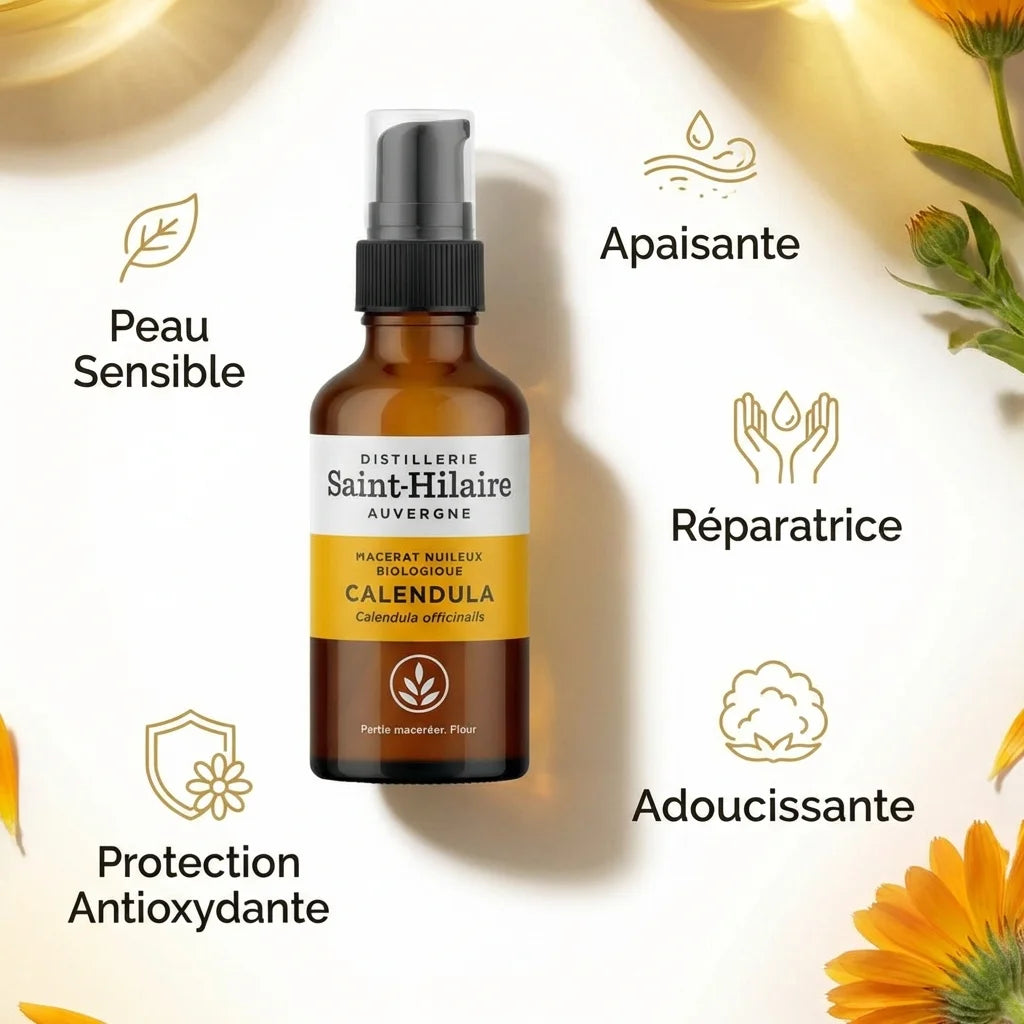 Huile Calendula Bio Saint-Hilaire 50ml avec icônes bénéfices apaisante réparatrice antioxydante