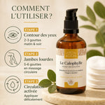 Huile Calophylle Bio 100ml avec étapes d'application pour cernes, poches et jambes lourdes