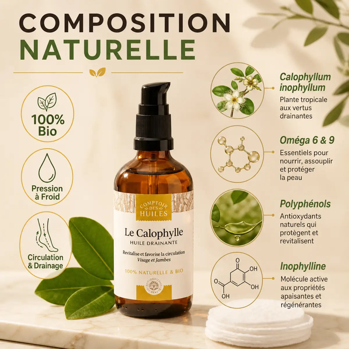 Huile Calophylle Bio 100ml Comptoir des Huiles anti-cernes poches - composition naturelle pression froid