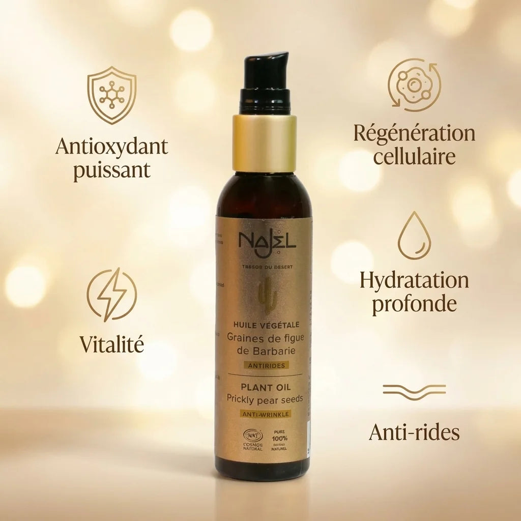 Huile végétale bio Najel graines figue barbarie 80ml avec bénéfices antioxydant hydratation anti-rides