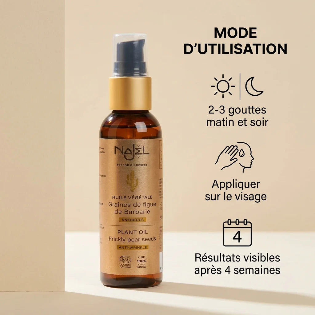 Huile végétale graines figue de barbarie Najel 80ml bio avec mode d'utilisation et résultats visibles