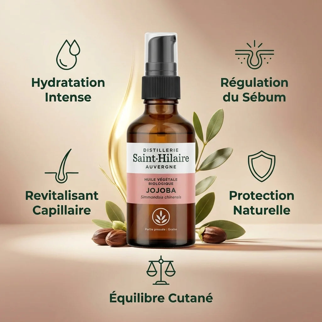 Huile de jojoba bio Saint-Hilaire 50ml avec bénéfices : hydratation, sébum, cheveux, protection naturelle
