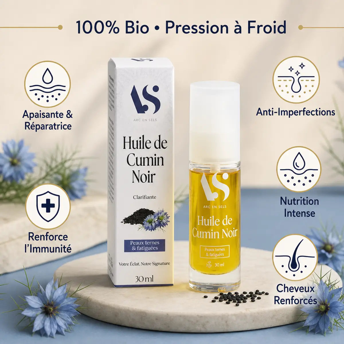 Huile végétale nigelle 100ml Arc en Sels avec bénéfices clarifiants et réparateurs affichés