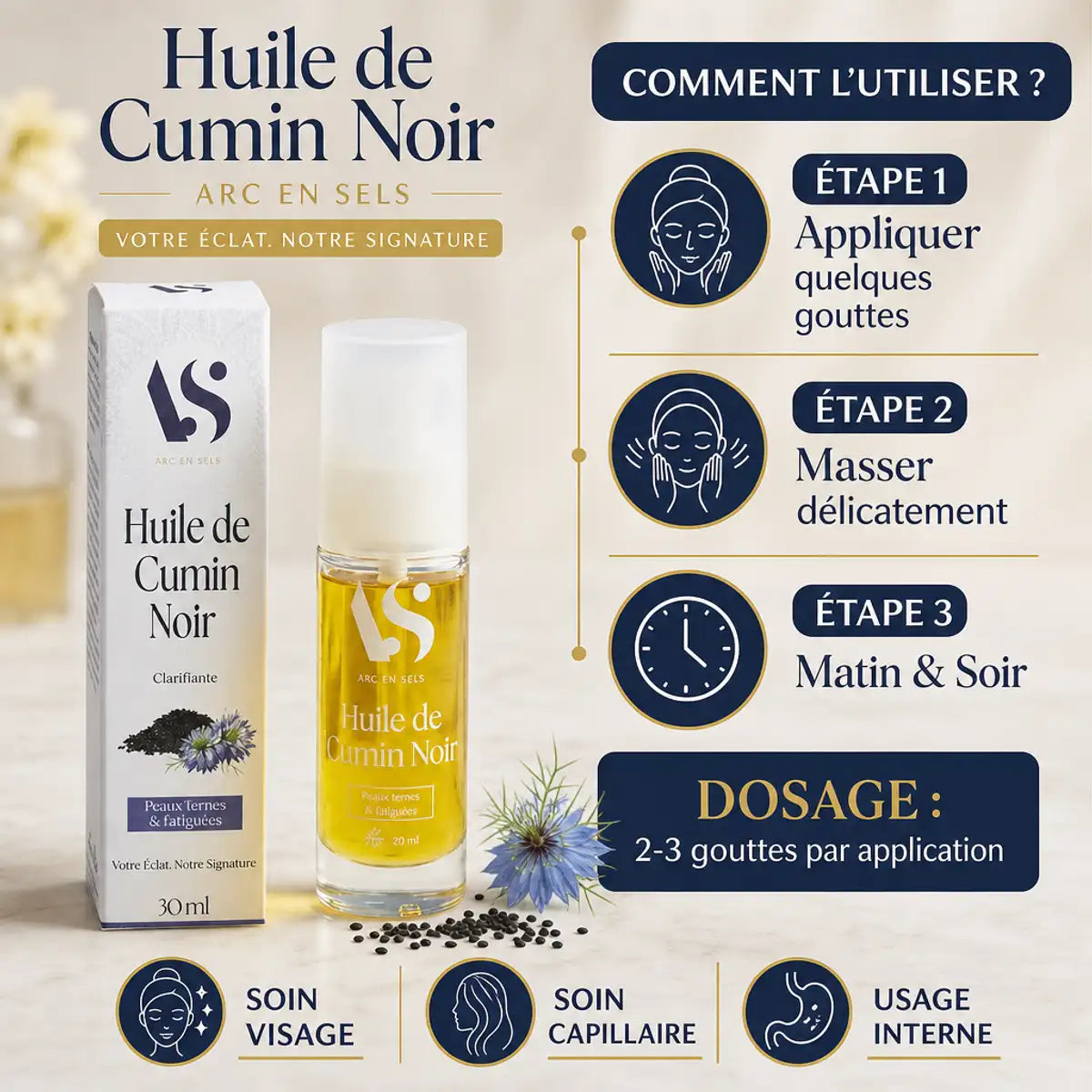 Huile de nigelle cumin noir Arc en Sels 100ml avec guide application visage cheveux