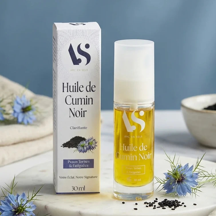 Bouteille d'huile de nigelle Arc en Sels 100ml avec graines et fleurs sur surface marbre blanc