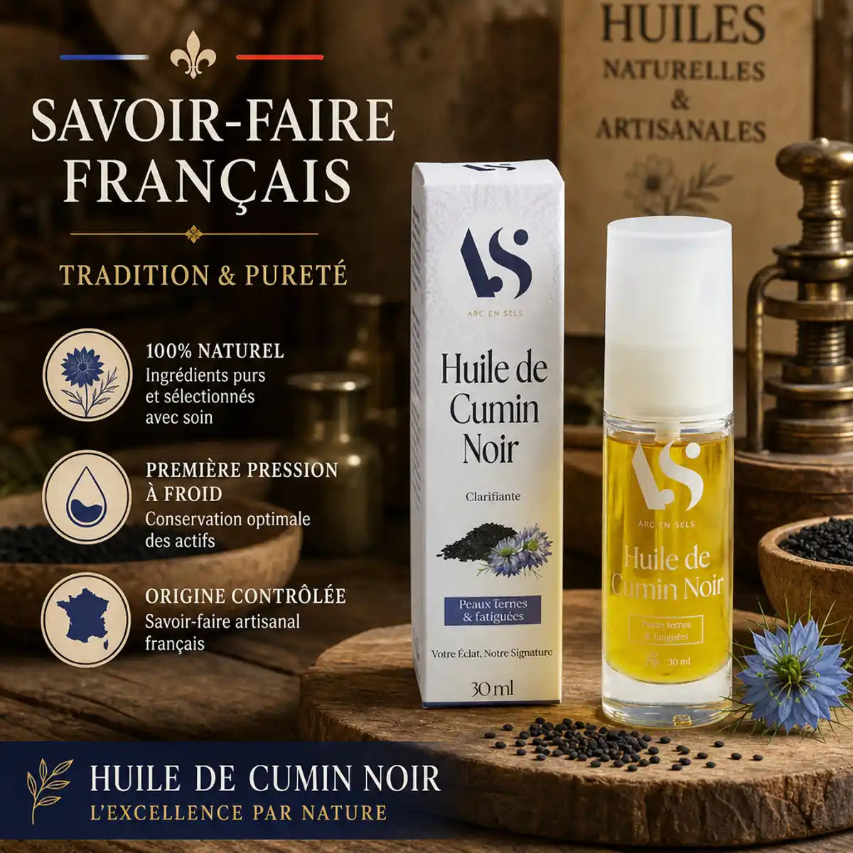 Huile de nigelle Arc en Sels 100ml en flacon verre, atelier français artisanal traditionnel