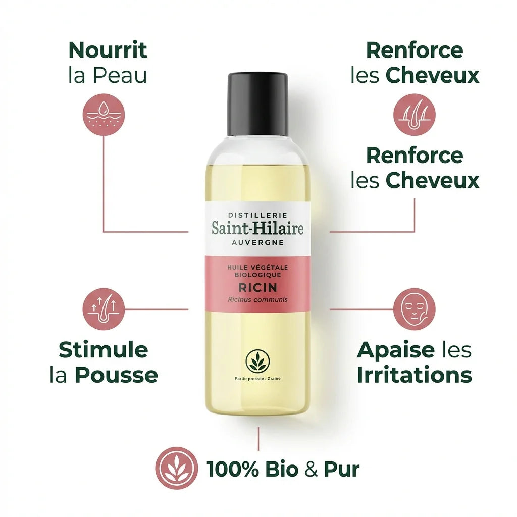 Huile de ricin bio Saint-Hilaire 200ml avec ses 5 bénéfices : peau, cheveux, pousse, apaisement et certification biologique