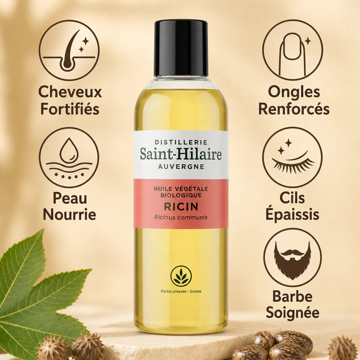Huile végétale ricin bio 200ml Saint-Hilaire avec bénéfices cheveux, peau, ongles, cils et barbe