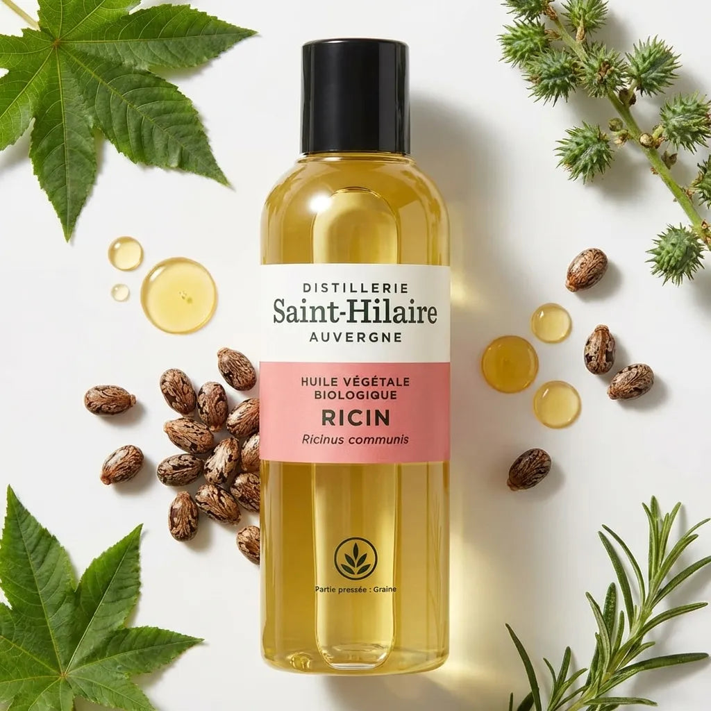 Huile végétale ricin bio Saint-Hilaire 200ml avec graines et gouttes dorées