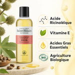 Huile de Ricin Bio Saint-Hilaire 200ml avec infographie ingrédients et certification biologique