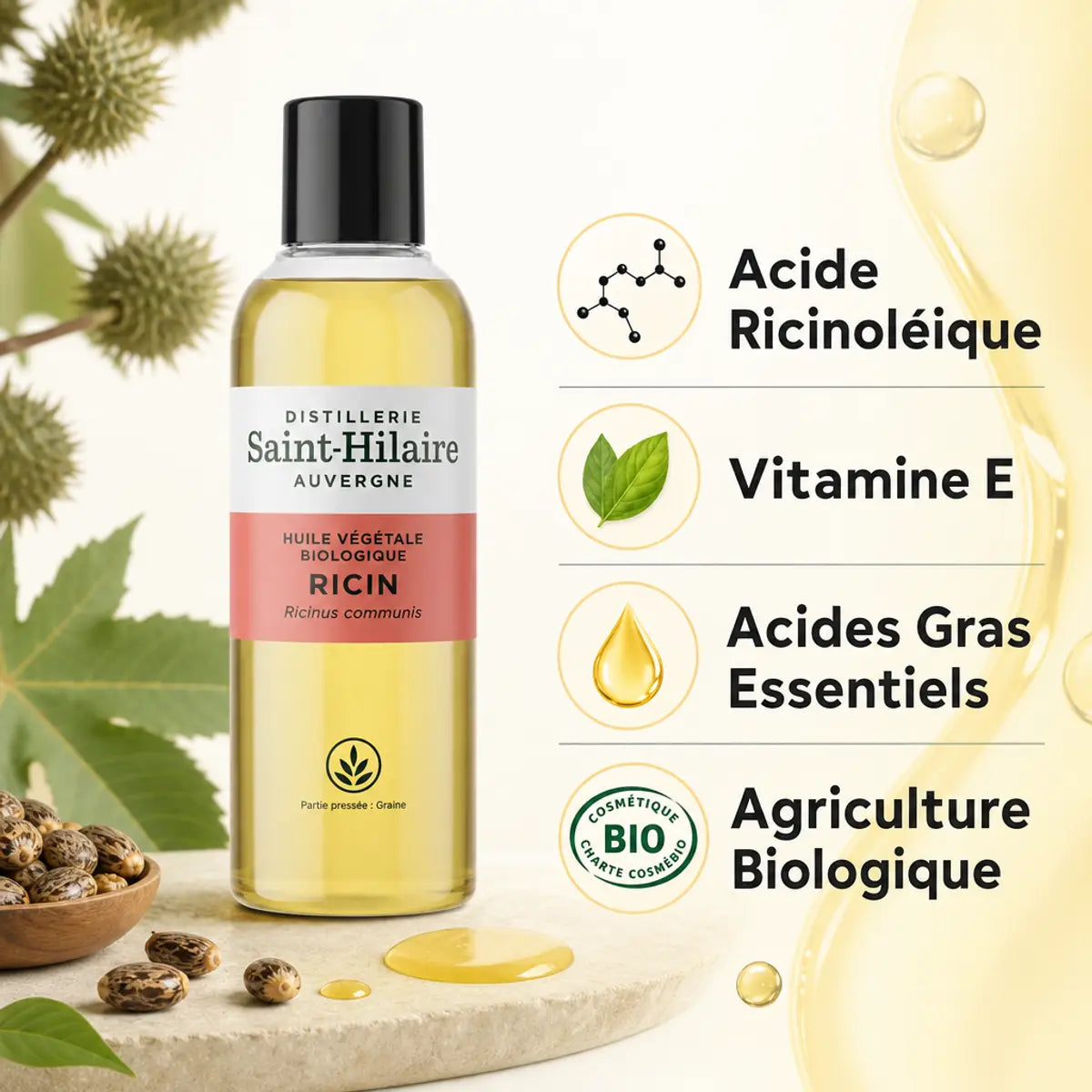 Huile de Ricin Bio Saint-Hilaire 200ml avec infographie ingrédients et certification biologique