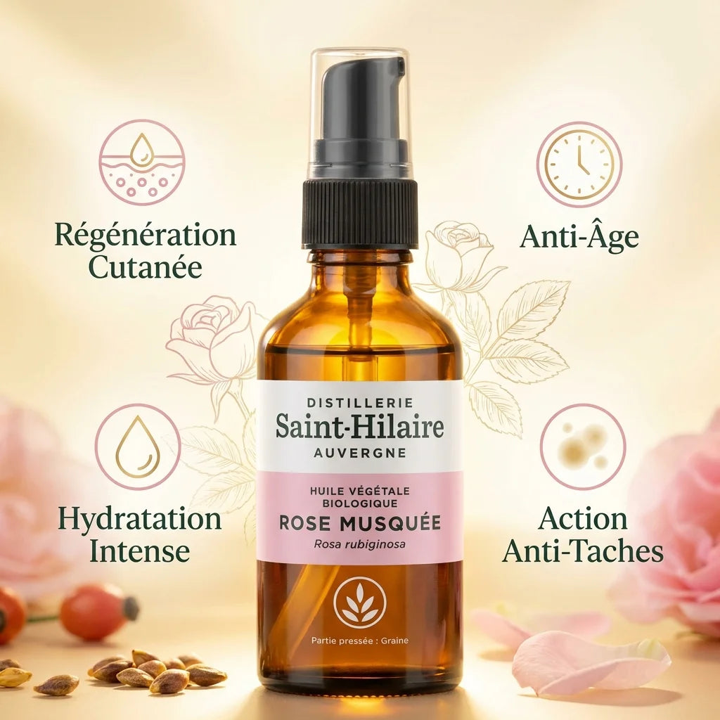 Huile de rose musquée bio Saint-Hilaire 50ml avec bénéfices: régénération, anti-âge, hydratation
