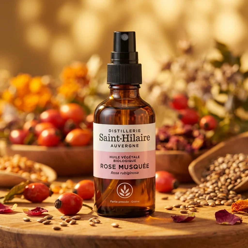 Huile végétale rose musquée bio Saint-Hilaire 50ml flacon verre ambré pompe spray