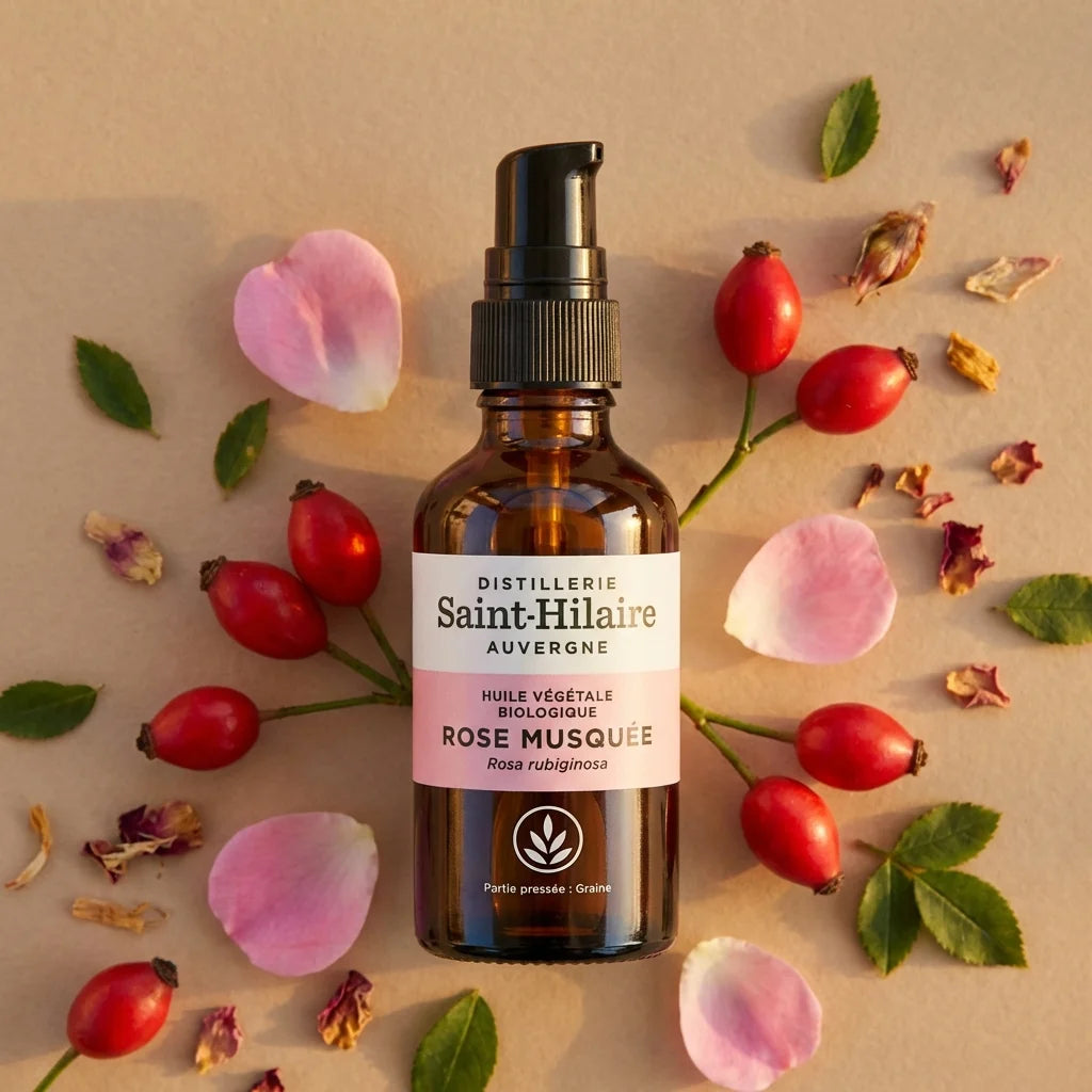Huile de Rose musquée bio Saint-Hilaire 50ml avec fruits et pétales de rose sur fond neutre