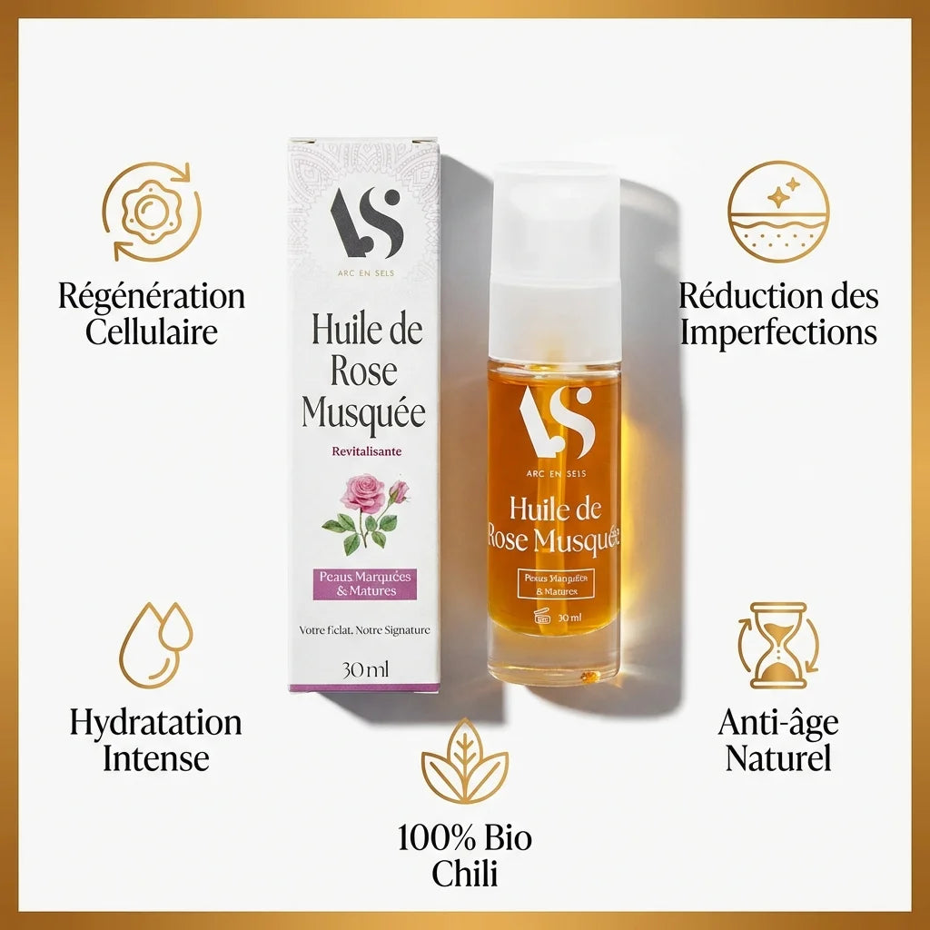 Huile Rose Musquée Bio 30ml Arc en Sels avec bénéfices : régénération, hydratation, anti-âge naturel