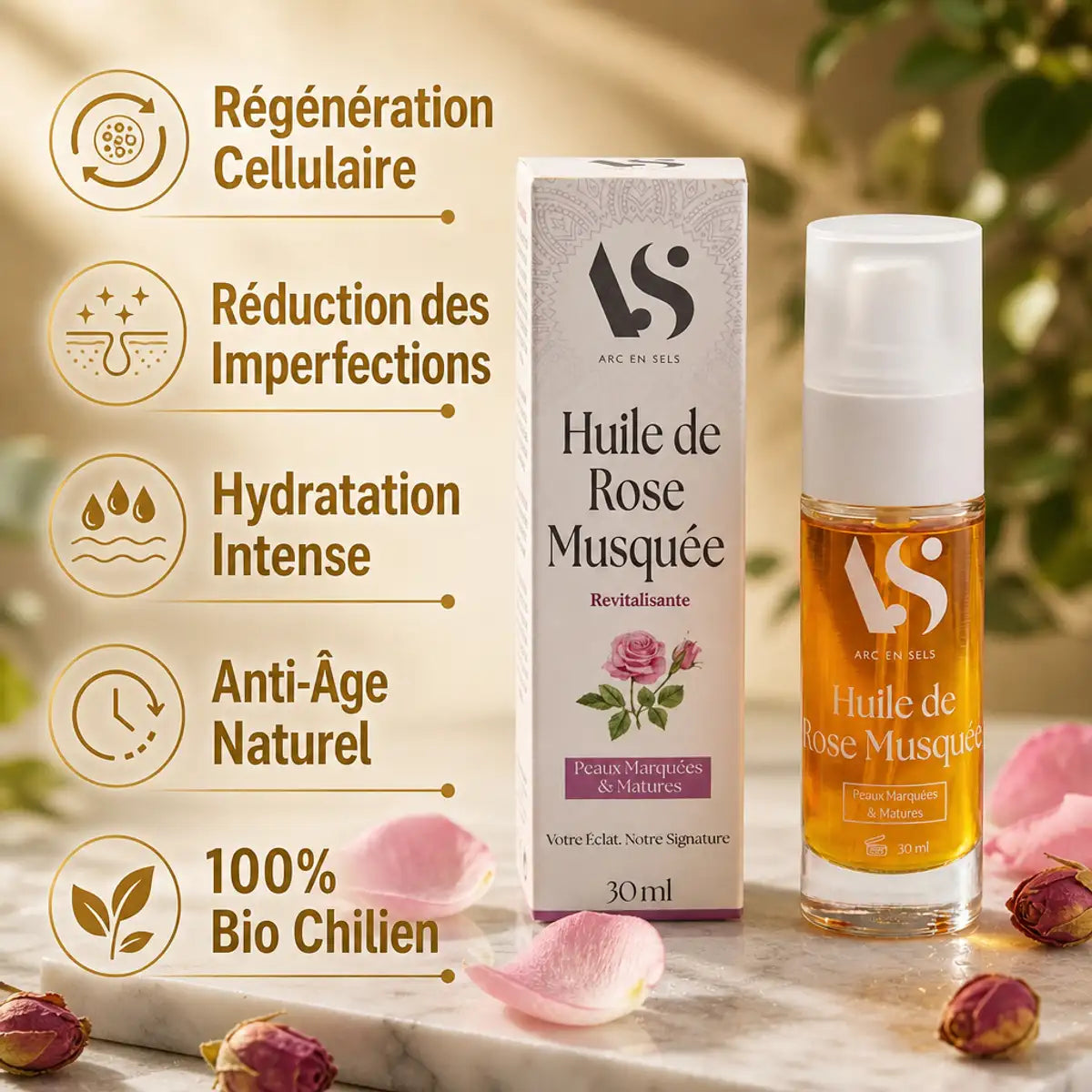 Huile Rose Musquée Bio 30ml Arc en Sels avec bénéfices: régénération cellulaire, hydratation intense, anti-âge naturel