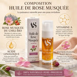 Bouteille huile Rose Musquée Bio Arc en Sels avec composition acide linoléique, vitamine A et antioxydants