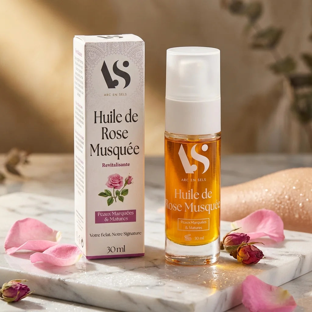 Huile de Rose Musquée Bio Arc en Sels 30ml sur marbre avec pétales de rose, ambiance spa luxe