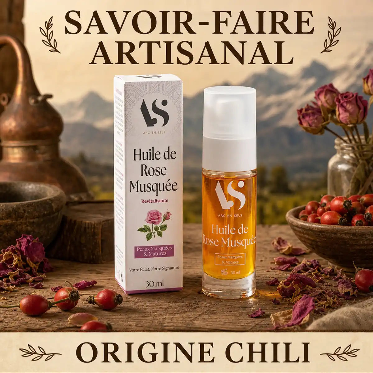 Huile de Rose Musquée Bio du Chili Arc en Sels 30ml sur établi artisanal avec pétales de roses