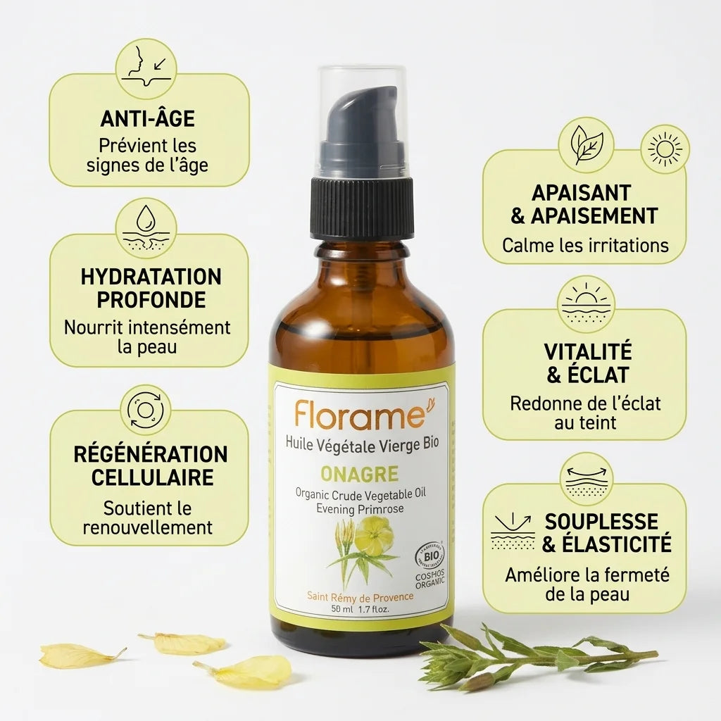 Huile Végétale Onagre Bio Florame 50ml - Bénéfices anti-âge et hydratation