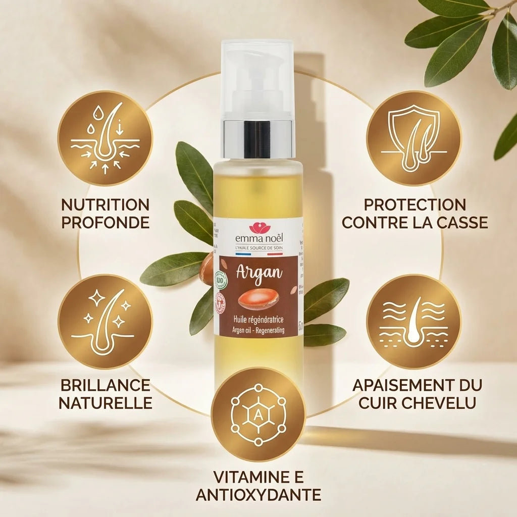 Huile d'argan bio Emma Noël 50mL avec bénéfices: nutrition, brillance et protection cheveux
