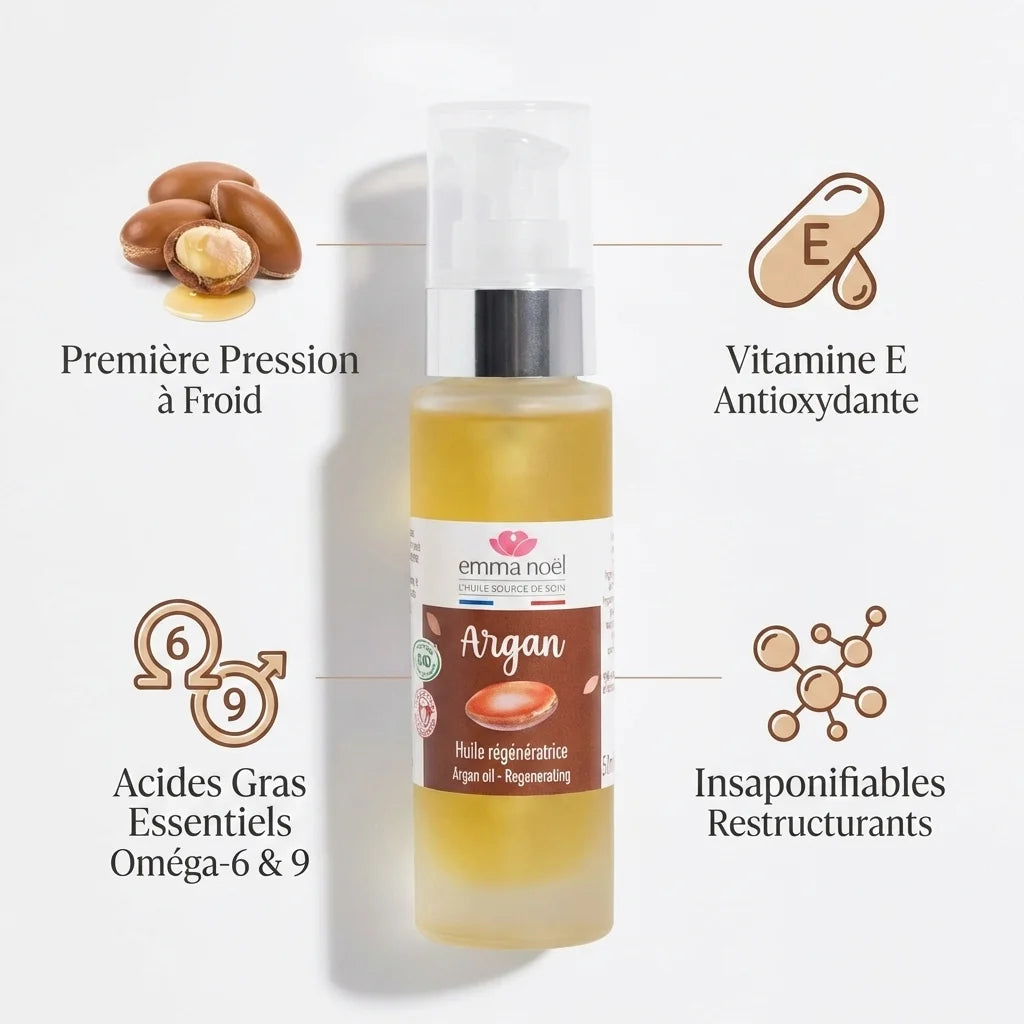 Huile d'argan bio Emma Noël 50mL avec ingrédients naturels vitamine E et acides gras oméga