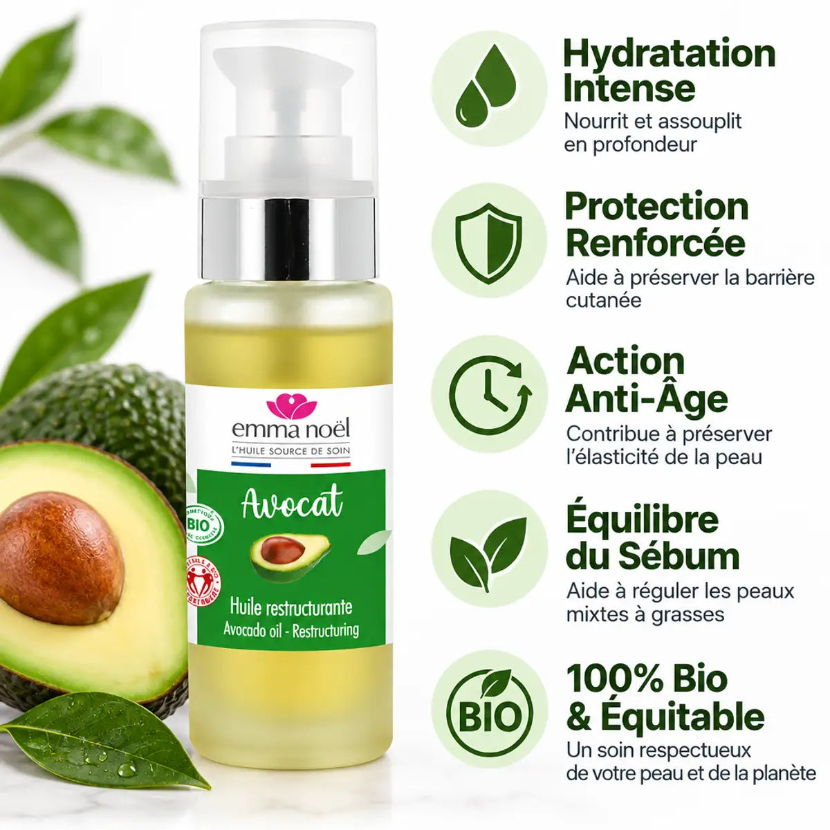Huile vierge d'avocat bio équitable Emma Noël 50mL avec bénéfices hydratation et anti-âge
