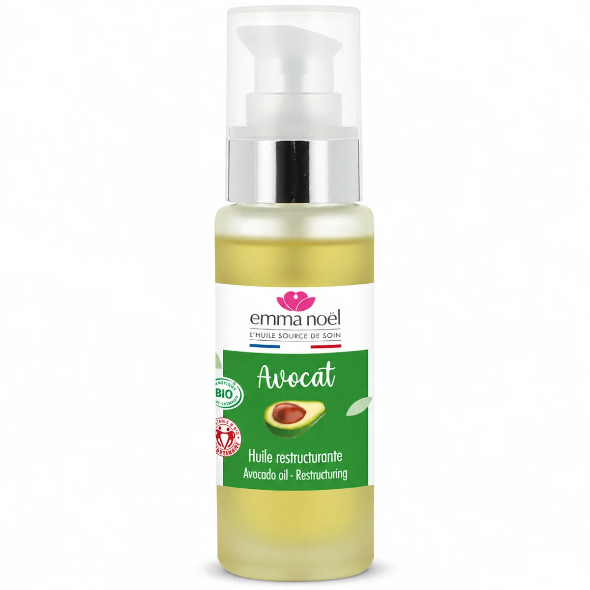 Huile vierge d'avocat bio équitable Emma Noël 50mL en flacon verre avec pompe