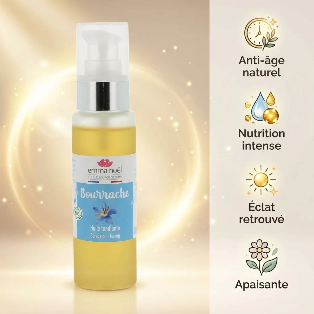 Huile vierge de bourrache bio Emma Noël 50mL avec bénéfices anti-âge et nutrition intense