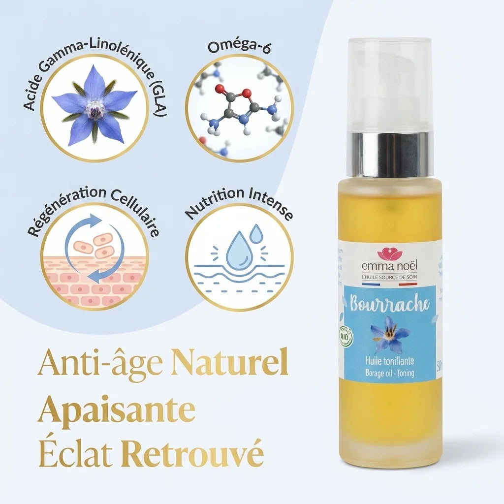Huile vierge de bourrache bio Emma Noël 50mL avec bénéfices anti-âge et régénération cellulaire