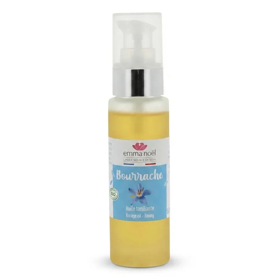 Huile vierge de bourrache bio Emma Noël 50 mL avec pompe doseur sur fond blanc