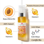 Huile vierge noyaux d'abricot bio Emma Noël 50mL avec infographie vitamines A, E et acide oléique