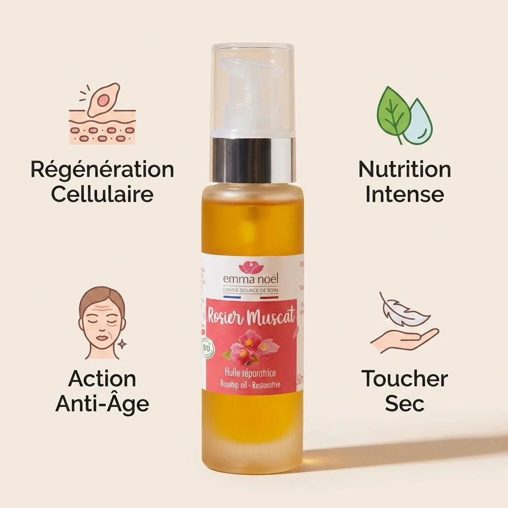 Huile Vierge de Rosier Bio Emma Noël 50ml avec bénéfices régénération cellulaire et anti-âge