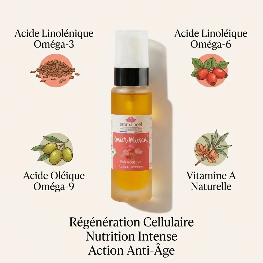 Huile vierge rosier bio Emma Noël 50ml avec ingrédients omega-3, omega-6, omega-9 et vitamine A