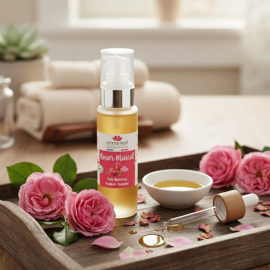 L’Huile Vierge de Rosier Bio d'un format de 50 ml de la marque Emma Noël posé sur un plateau en bois accompagné de rose sur les deux côtés.