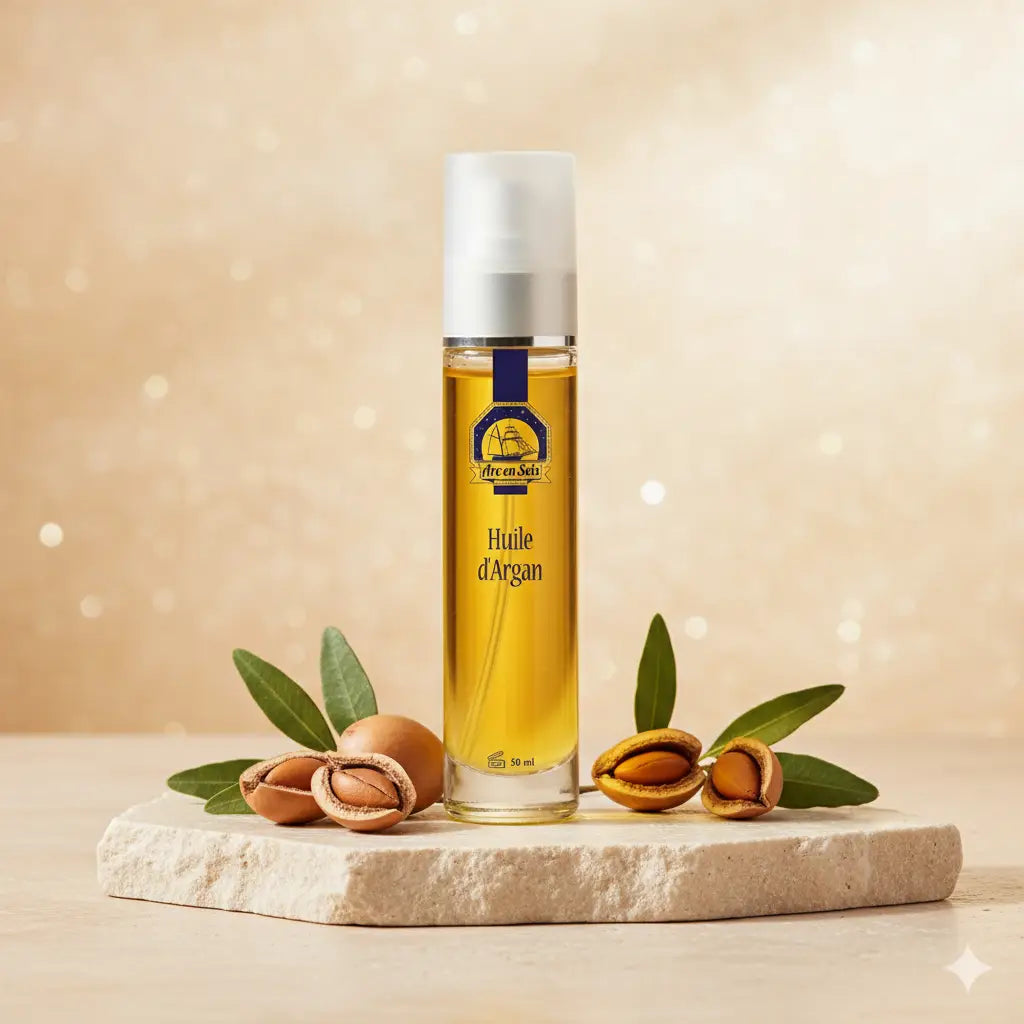 une bouteille d’huile d’argan bio de la marque Arc en Sels (50 ml) posée sur une surface en pierre claire légèrement texturée, avec un fond lumineux aux tons beige sable et dorés évoquant le Maroc.
