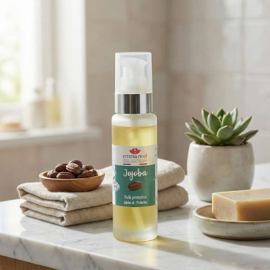 Une huile de jojoba posée sur un comptoir en marbre de la marque emma noël
