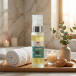 Une huile de jojoba de la marque emma noel de 50ml posé sur un plateau en bois dans un décord de salle de bain.