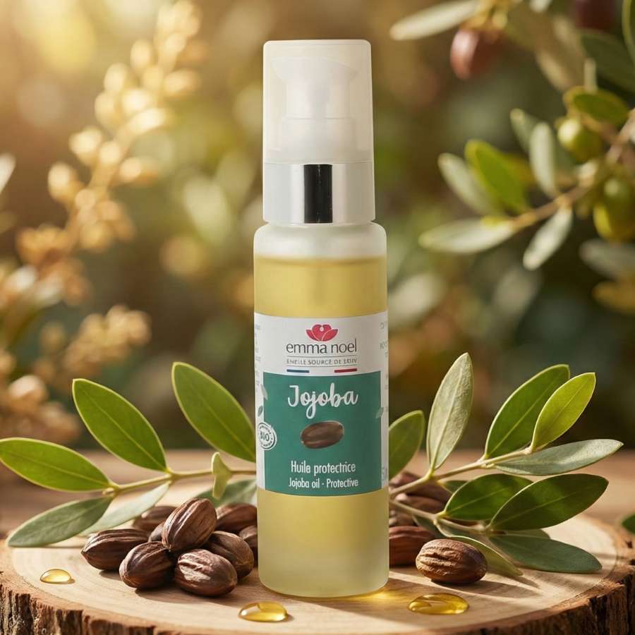 Une huile de jojoba de la marque emma noel de 50ml accompagné de fèves de jojoba sur une planche en bois.