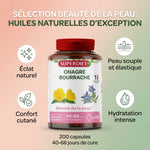 Superdiet Onagre Bourrache 200 capsules - Infographie beauté peau avec bénéfices hydratation et élasticité